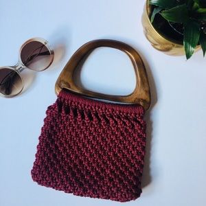 Burgundy Crocheted Boho purse with Wooden handles